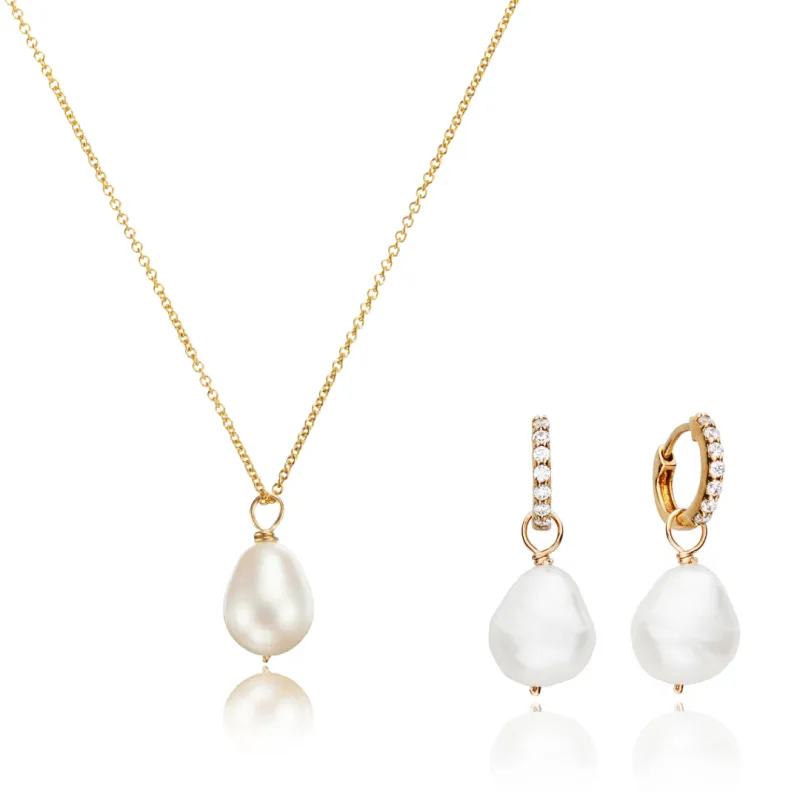 Gold Pearl Drop Huggies and Large Pearl Necklace Gift Set made by Lily & Roo