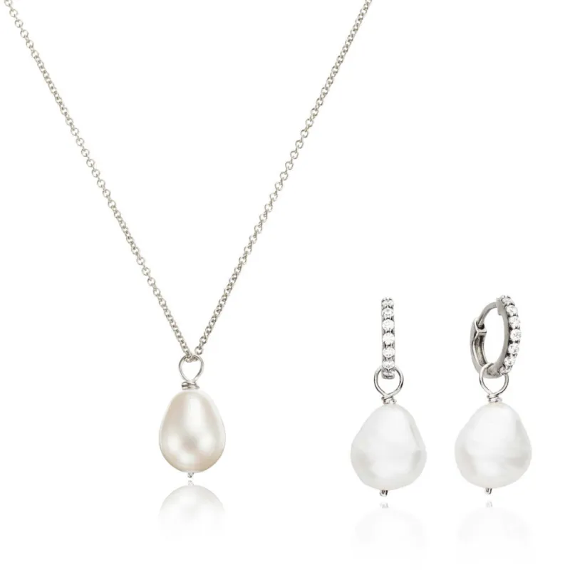 Silver Pearl Drop Huggies and Large Pearl Necklace Gift Set sold by Lily & Roo