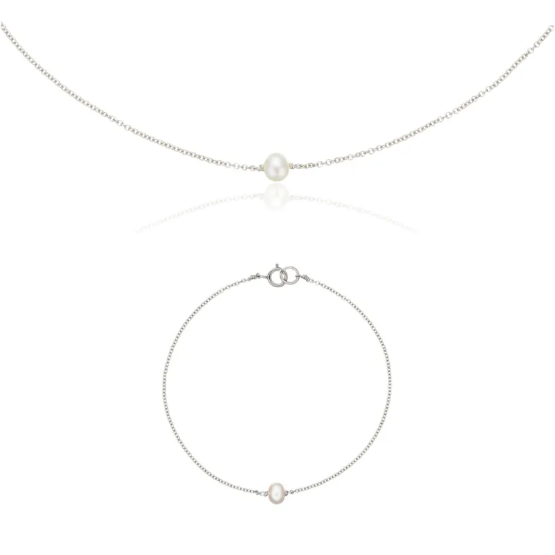 Silver Single Pearl Choker and Bracelet Gift Set sold by Lily & Roo
