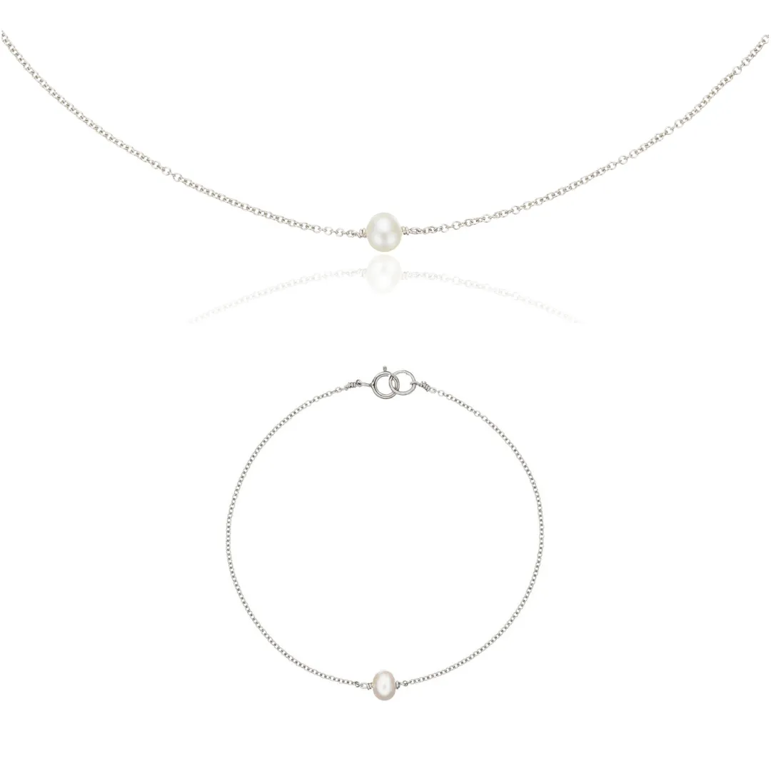 Silver Single Pearl Choker and Bracelet Gift Set sold by Lily & Roo