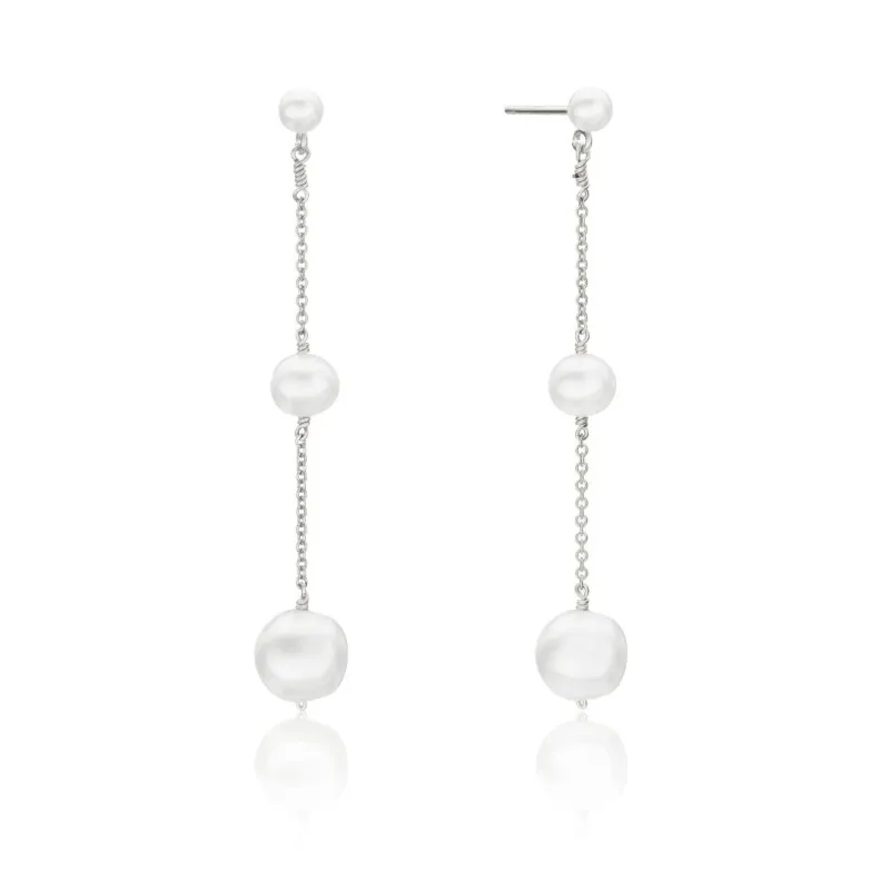 Silver Three Graduated Pearl Drop Earrings sold by Lily & Roo