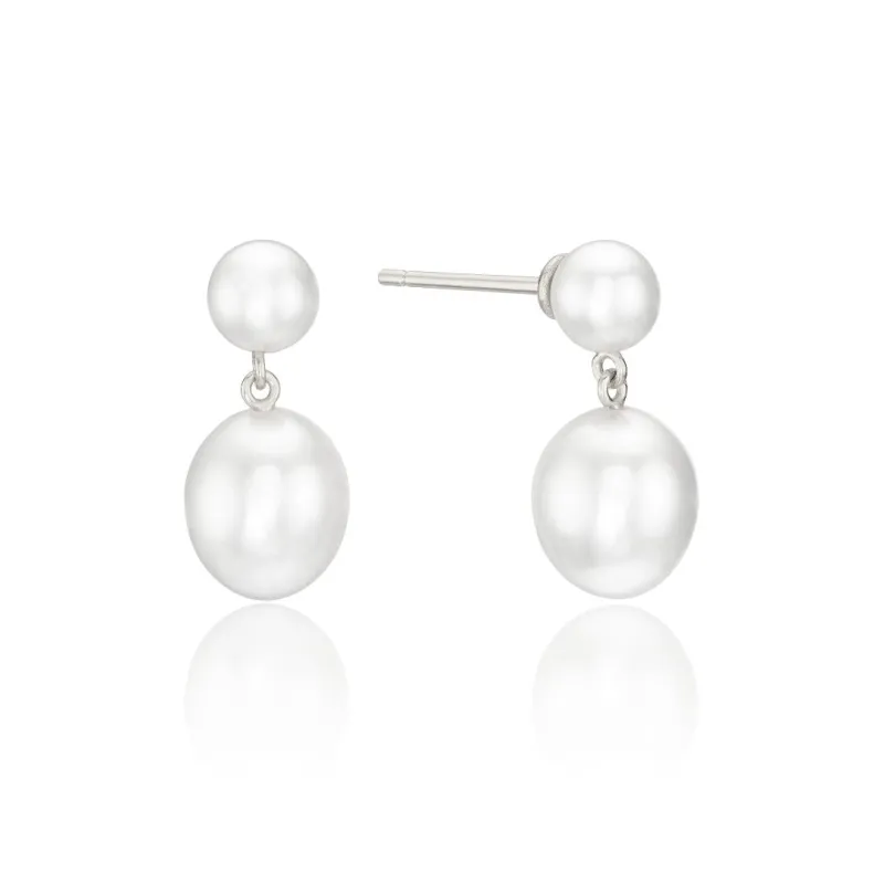 Silver Double Pearl Drop Stud Earrings sold by Lily & Roo