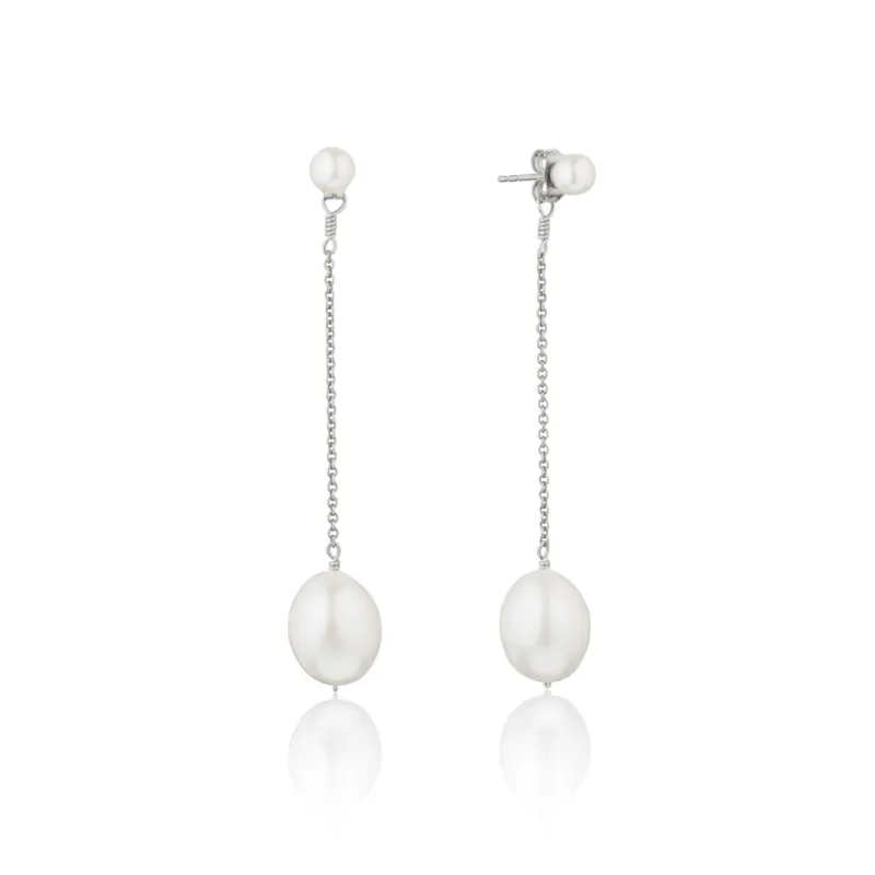Solid White Gold Large and Small Pearl Drop Stud Earrings sold by Lily & Roo