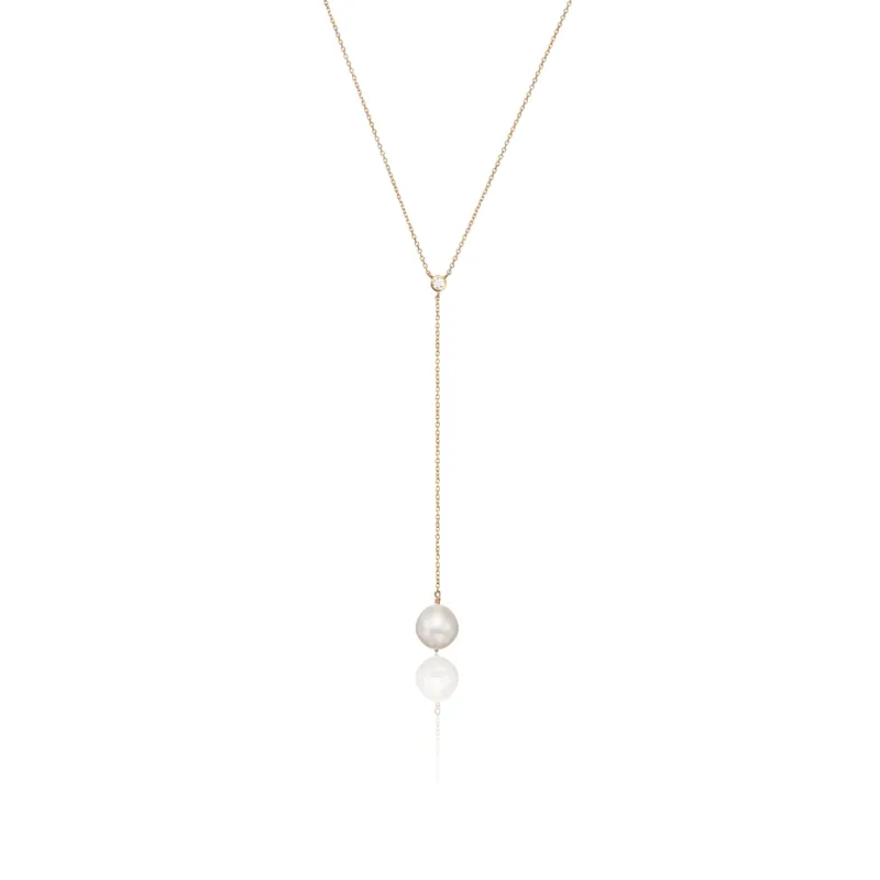 Gold Single Diamond Style Pearl Lariat Necklace made by Lily & Roo
