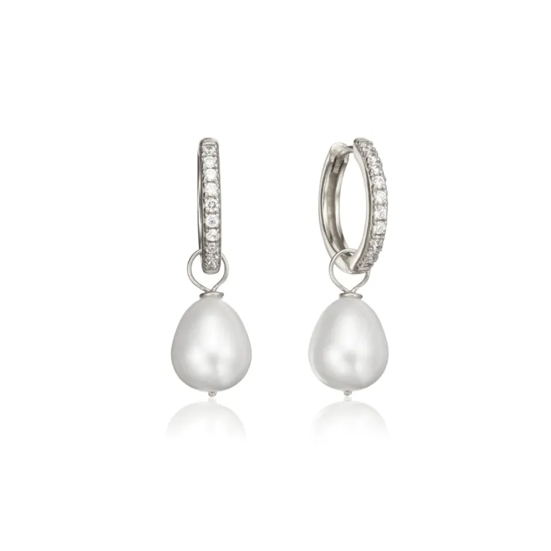 Solid White Gold Genuine Diamond Style Large Pearl Drop Hoop Earrings sold by Lily & Roo