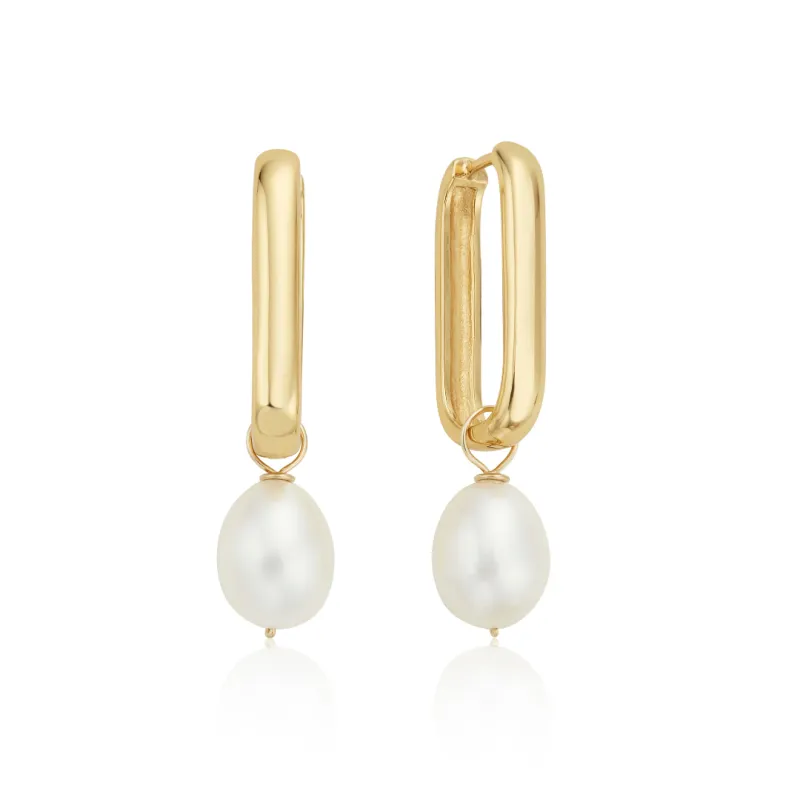 Gold Large Plain Pearl Drop Hoop Earrings sold by Lily & Roo