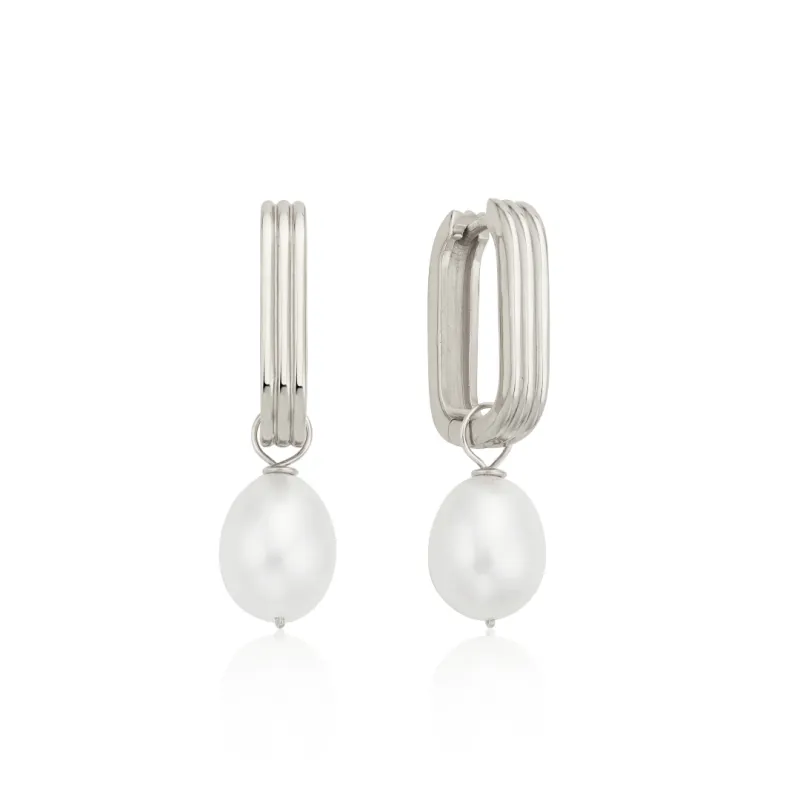 Silver Ribbed Pearl Drop Hoop Earrings sold by Lily & Roo