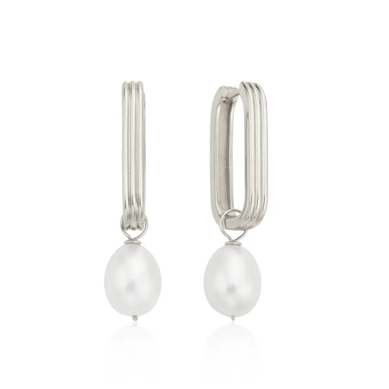 Silver Large Ribbed Pearl Drop Hoop Earrings sold by Lily & Roo