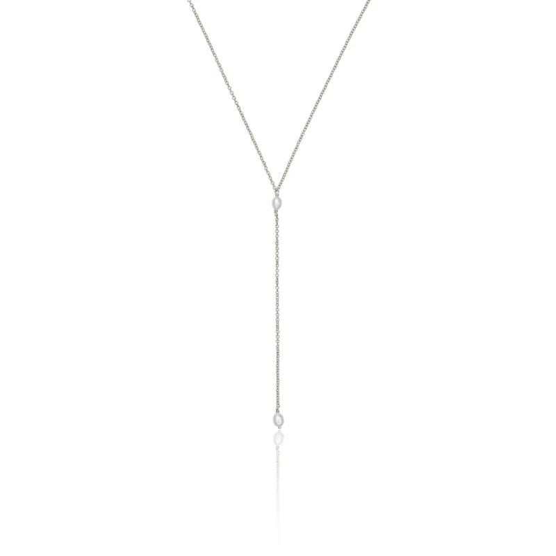 Solid White Gold Double Seed Pearl Lariat Necklace made by Lily & Roo