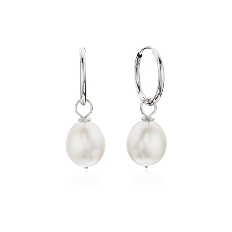 Solid White Gold Large Pearl Drop Hoop Earrings sold by Lily & Roo