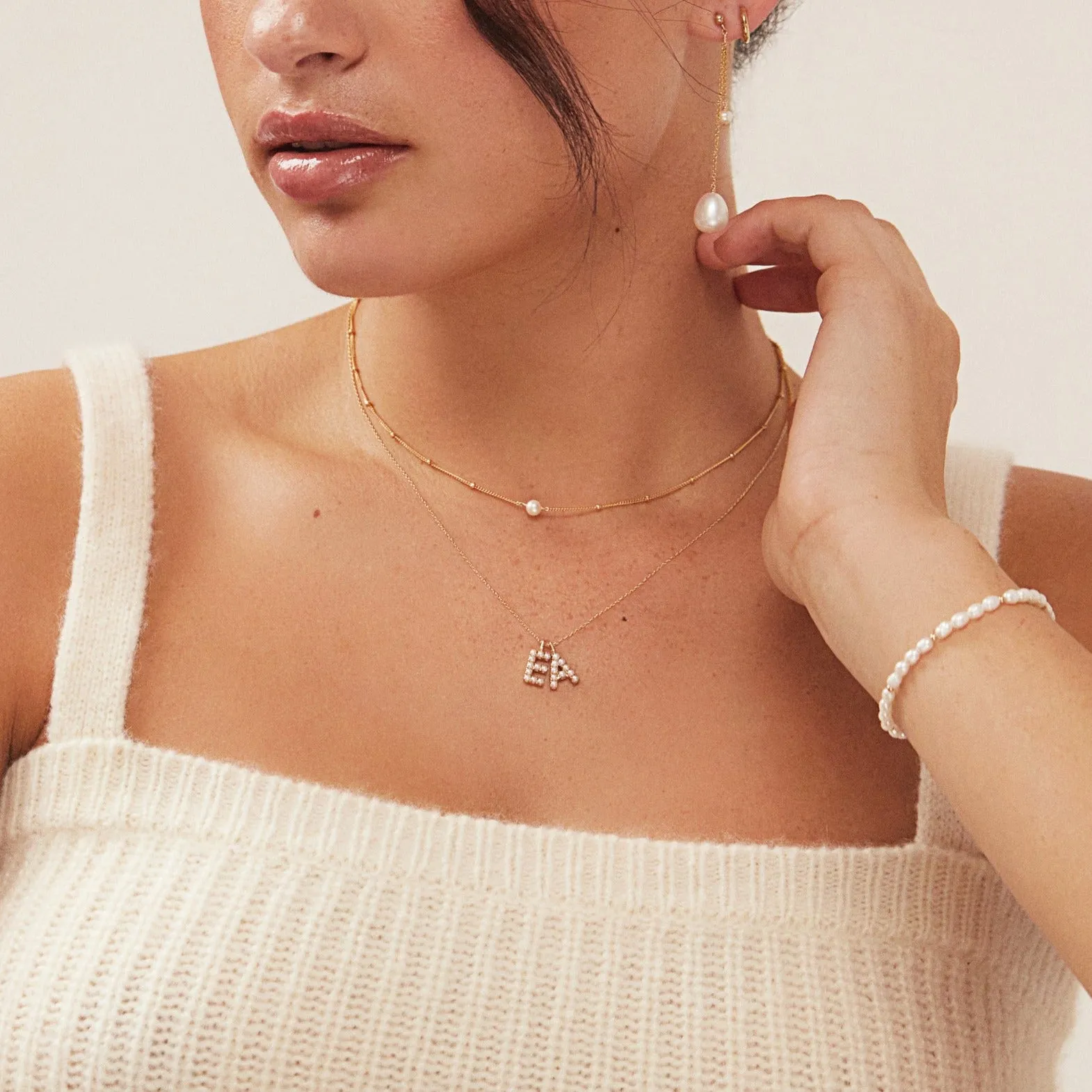 Solid White Gold Pearl Initial Letter Necklace sold by Lily & Roo product image thumbnail 2