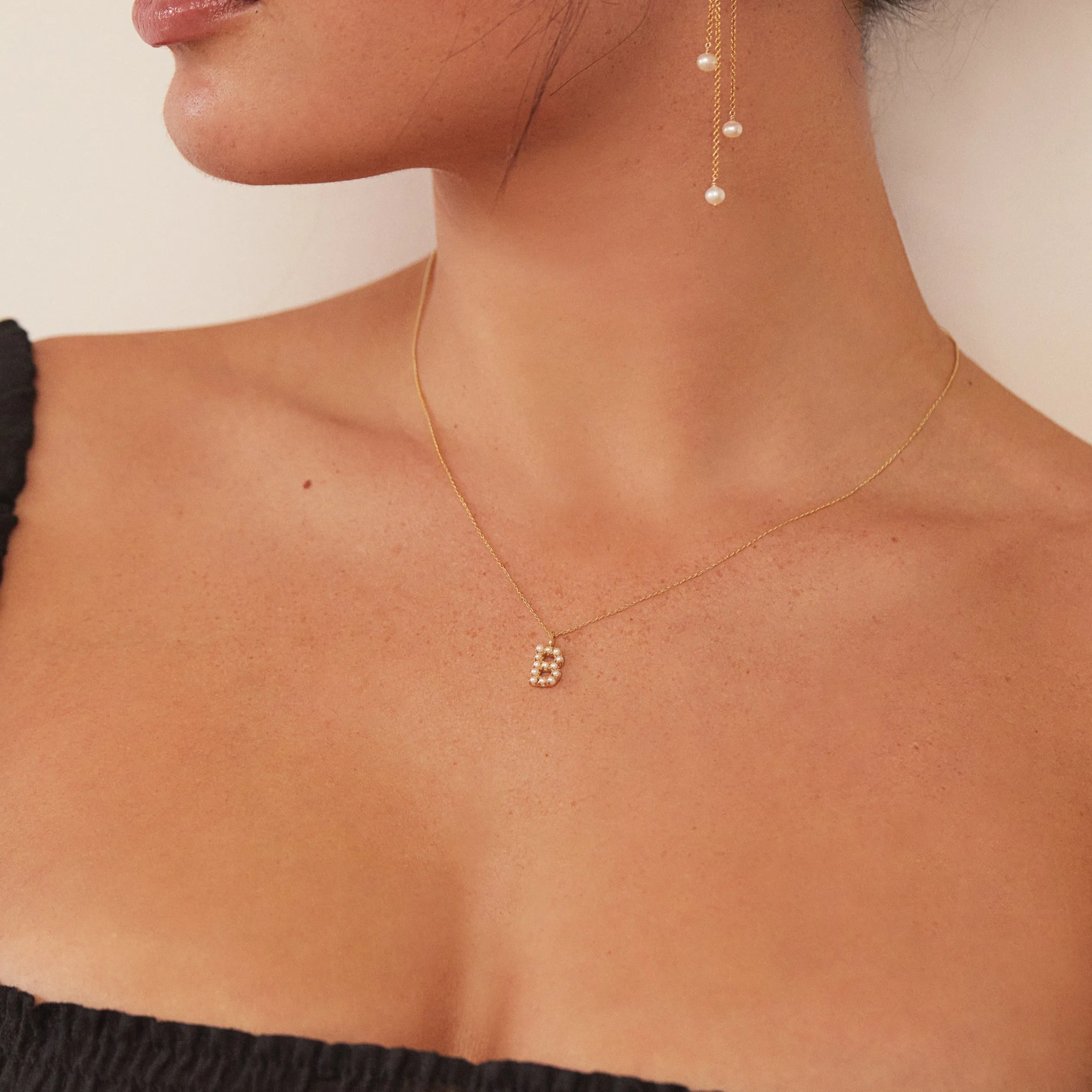 Solid White Gold Pearl Initial Letter Necklace sold by Lily & Roo product image thumbnail 4