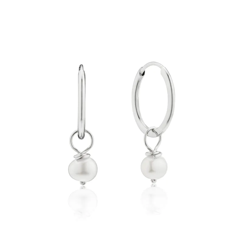 Silver Small Pearl Drop Hoop Earrings sold by Lily & Roo