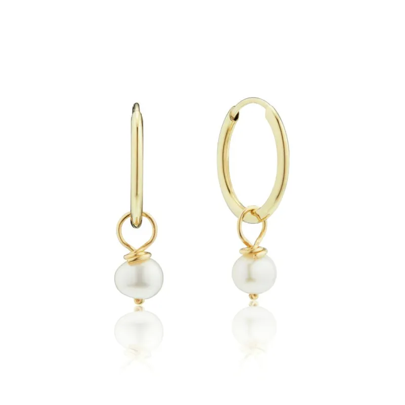 Solid Gold Small Pearl Drop Hoop Earrings sold by Lily & Roo