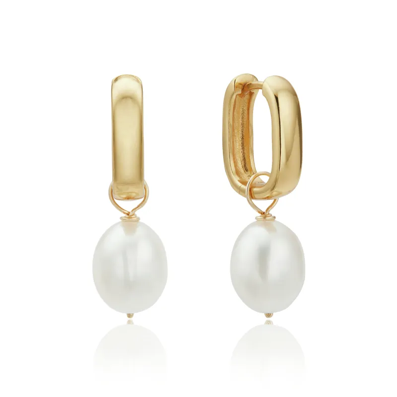 Gold Thick Squared Hoop Pearl Drop Earrings made by Lily & Roo