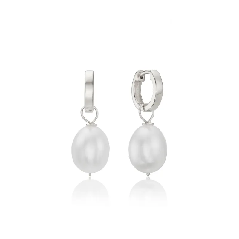 Silver Plain Huggie Pearl Drop Hoop Earrings sold by Lily & Roo