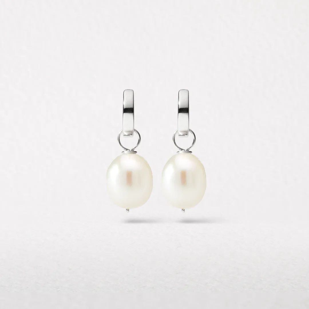 Silver Plain Huggie Pearl Drop Hoop Earrings sold by Lily & Roo product image thumbnail 3