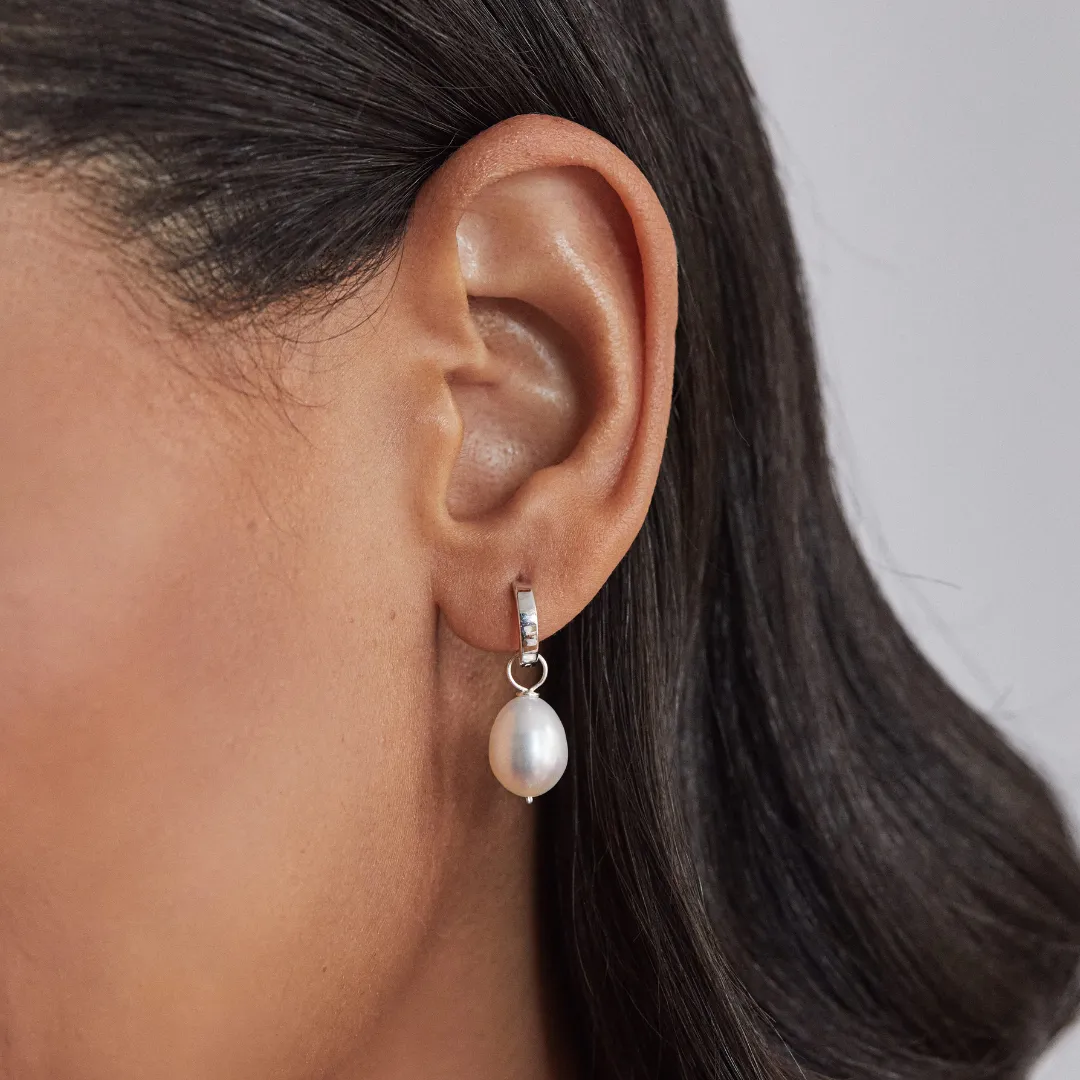 Silver Plain Huggie Pearl Drop Hoop Earrings sold by Lily & Roo product image thumbnail 2