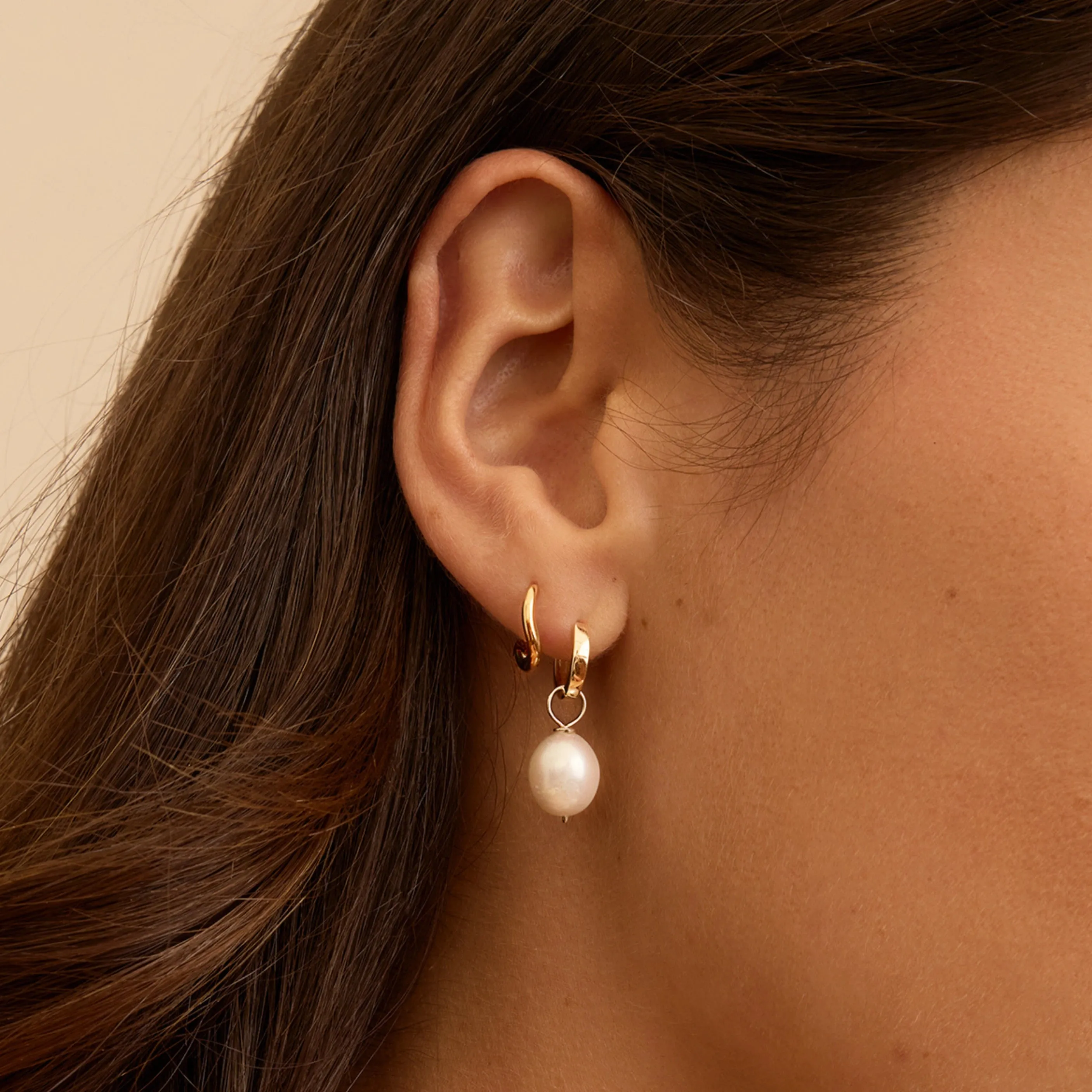 Gold Plain Huggie Pearl Drop Hoop Earrings sold by Lily & Roo product image thumbnail 2