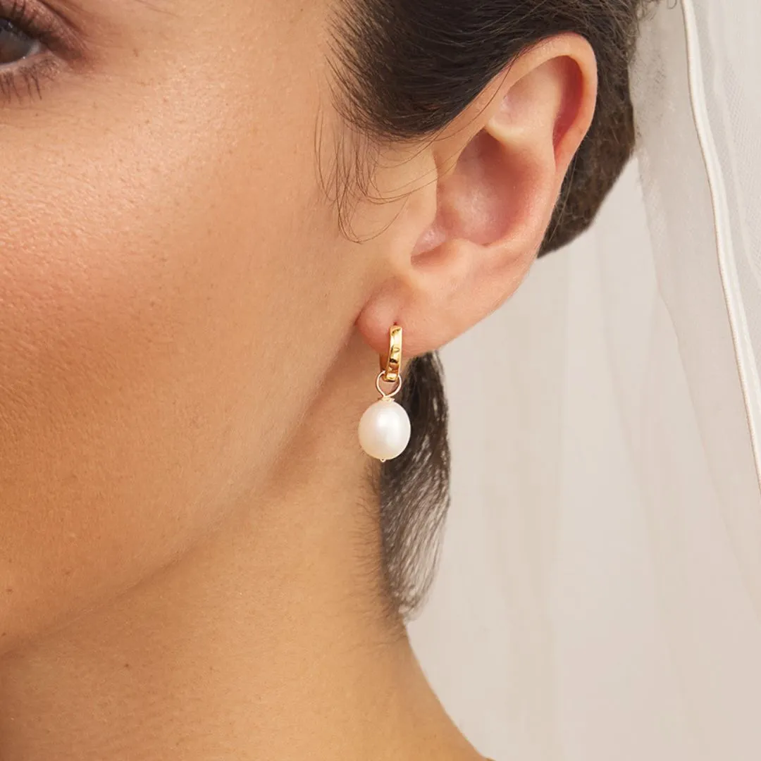 Gold Plain Huggie Pearl Drop Hoop Earrings sold by Lily & Roo product image thumbnail 4