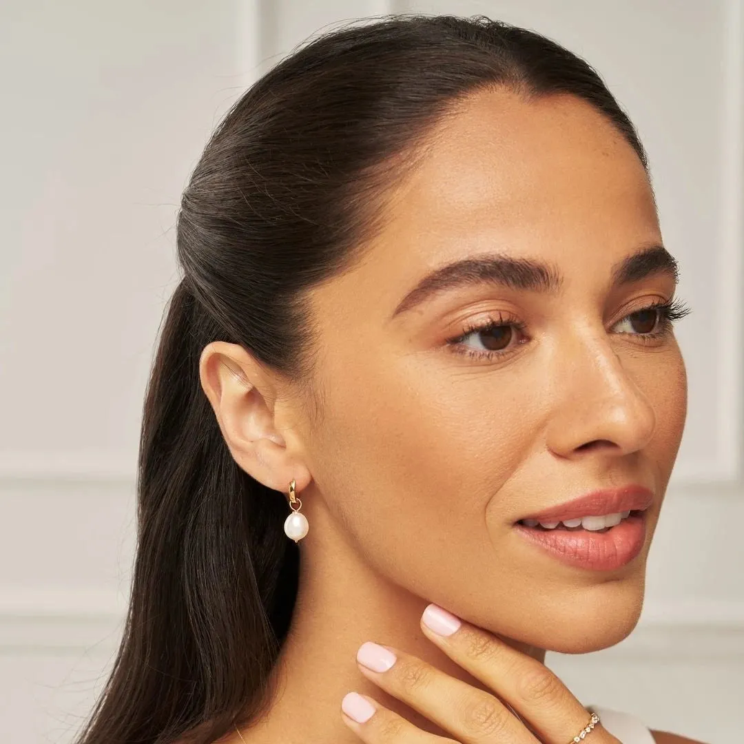 Gold Plain Huggie Pearl Drop Hoop Earrings sold by Lily & Roo product image thumbnail 5