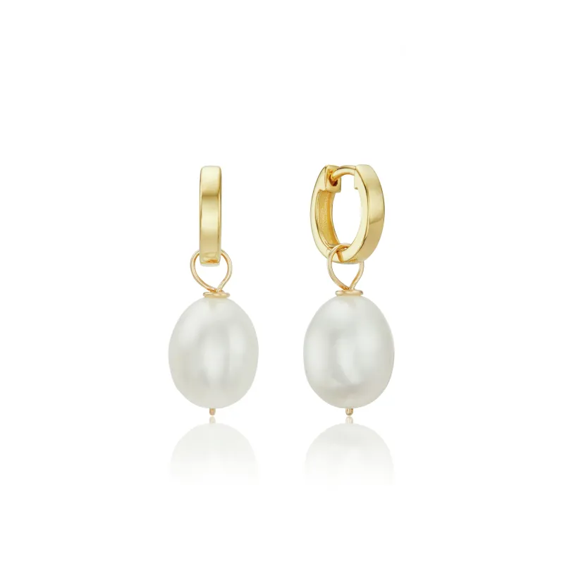 Gold Plain Huggie Pearl Drop Hoop Earrings sold by Lily & Roo