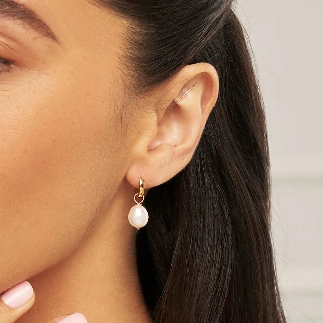 Gold Plain Huggie Pearl Drop Hoop Earrings sold by Lily & Roo product image thumbnail 3