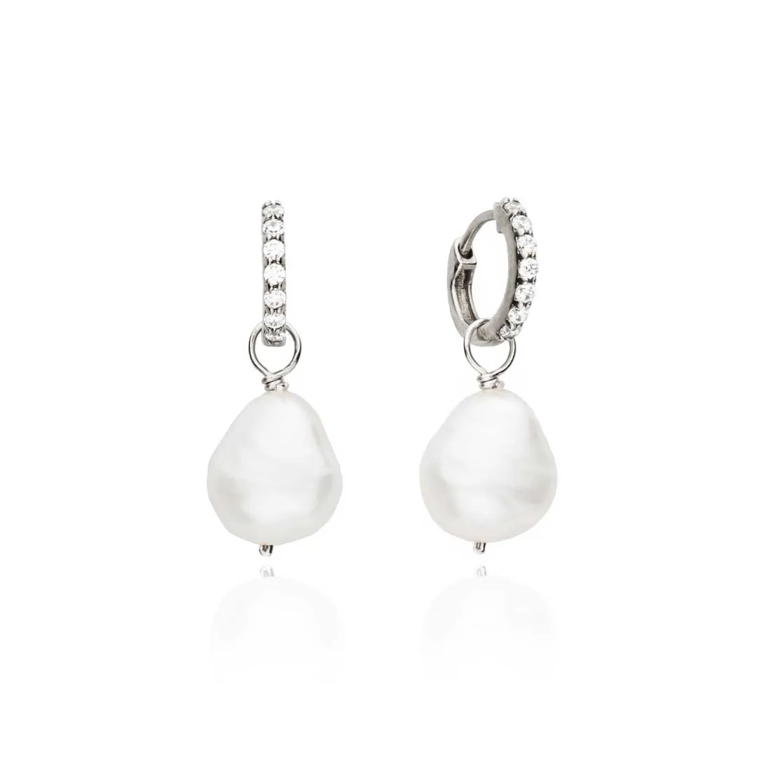 Solid White Gold Genuine Diamond Huggie Pearl Drop Earrings sold by Lily & Roo