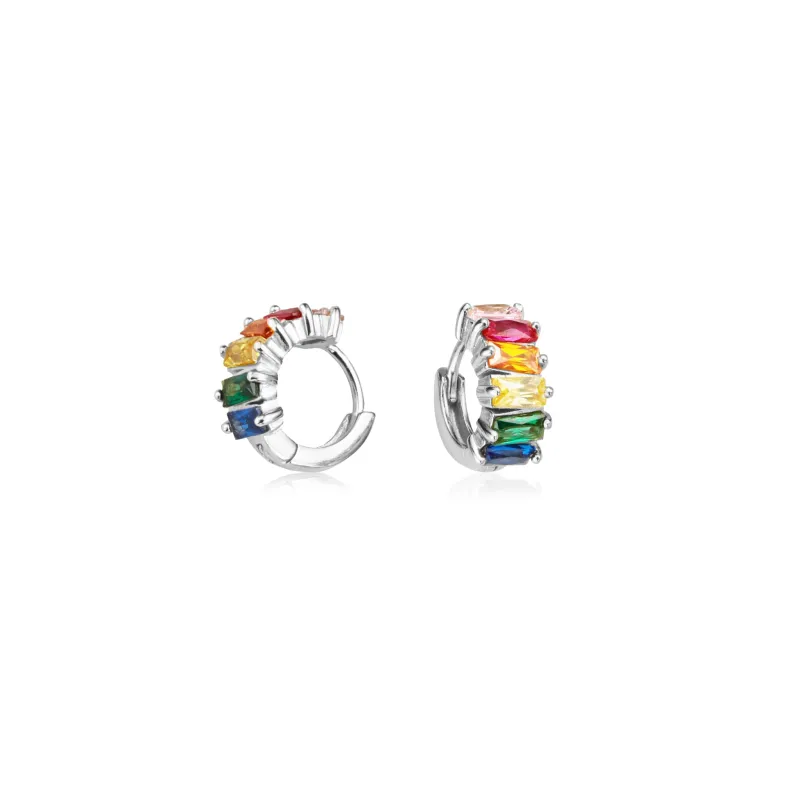 Silver Rainbow Gemstone Cluster Huggie Hoop Earrings sold by Lily & Roo