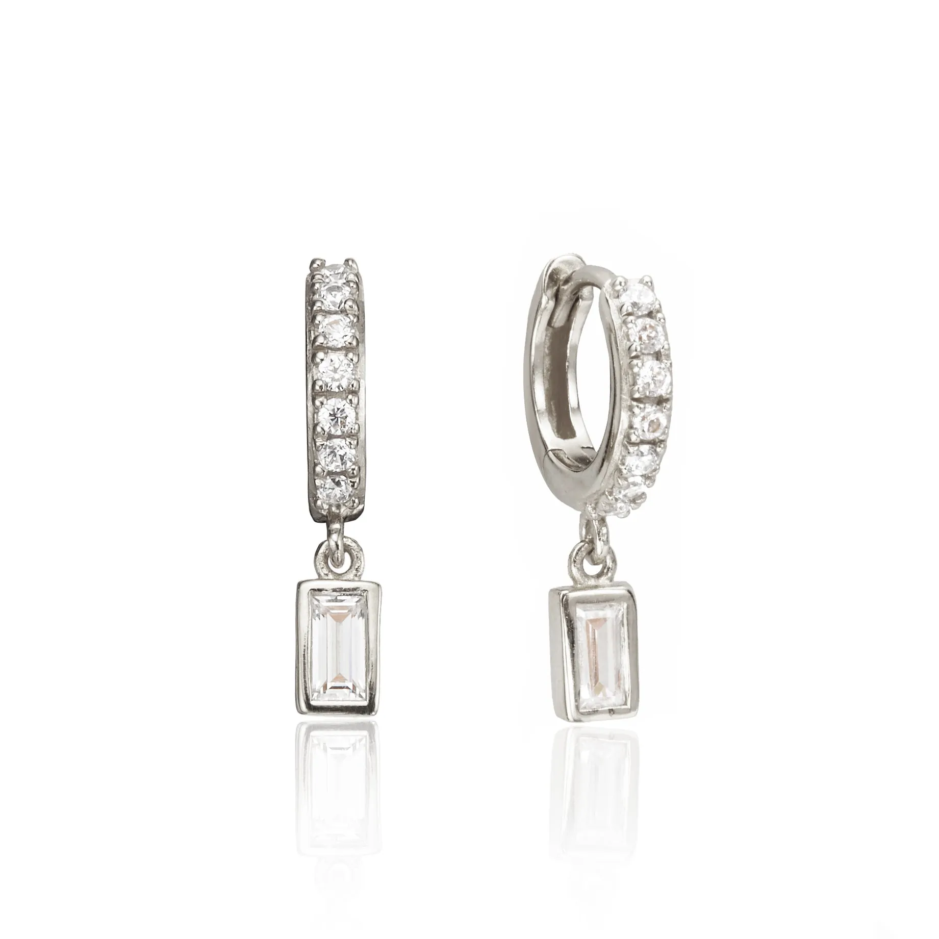 Silver Diamond Style Baguette Drop Huggie Hoop Earrings sold by Lily & Roo