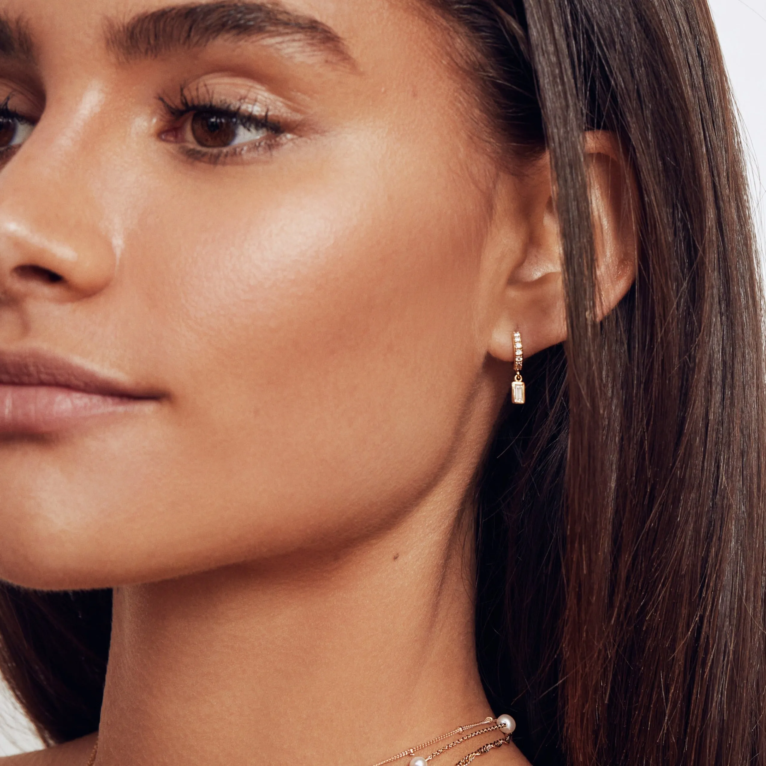 Silver Diamond Style Baguette Drop Huggie Hoop Earrings sold by Lily & Roo product image thumbnail 3