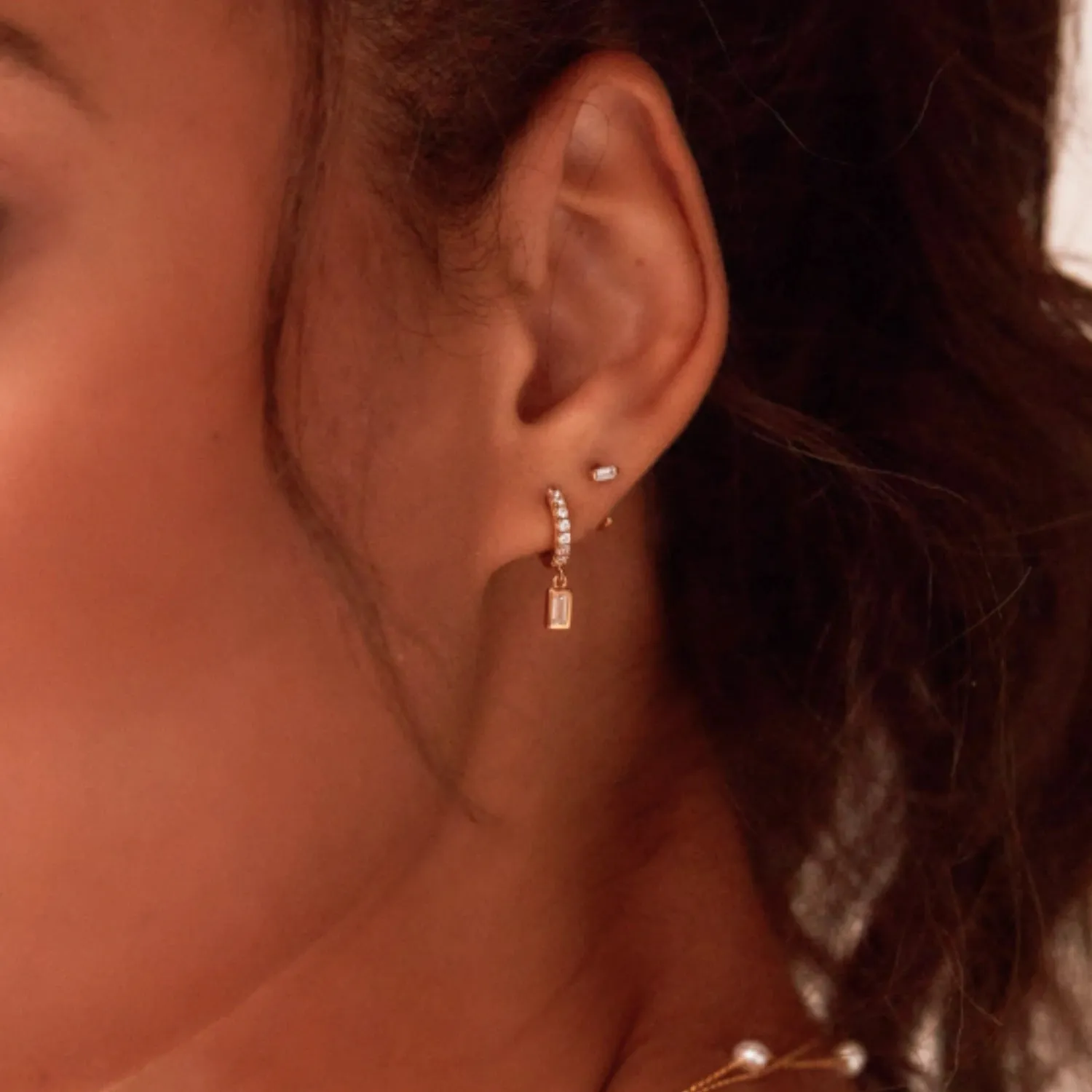 Gold Diamond Style Baguette Drop Huggie Hoop Earrings sold by Lily & Roo product image thumbnail 3