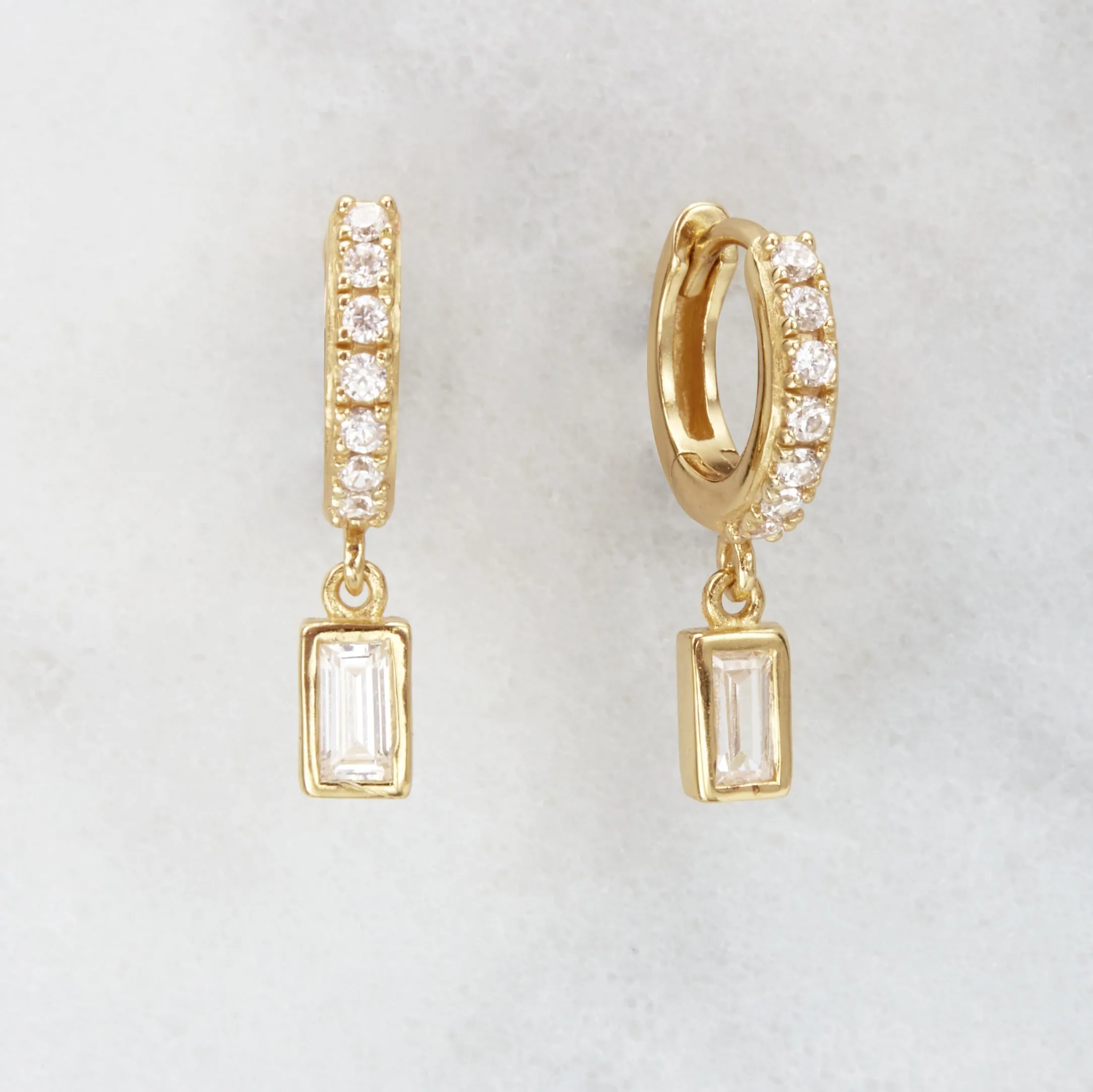 Gold Diamond Style Baguette Drop Huggie Hoop Earrings sold by Lily & Roo product image thumbnail 4