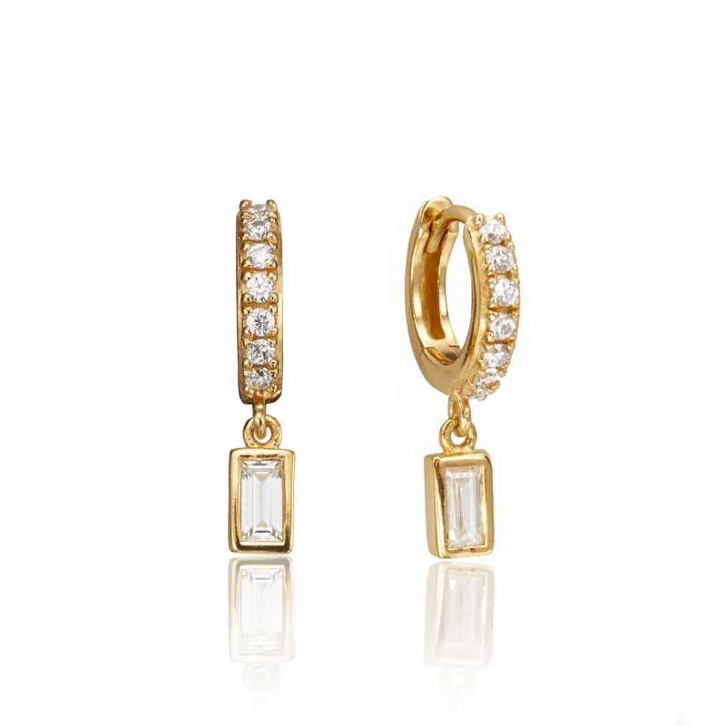 Gold Diamond Style Baguette Drop Huggie Hoop Earrings sold by Lily & Roo