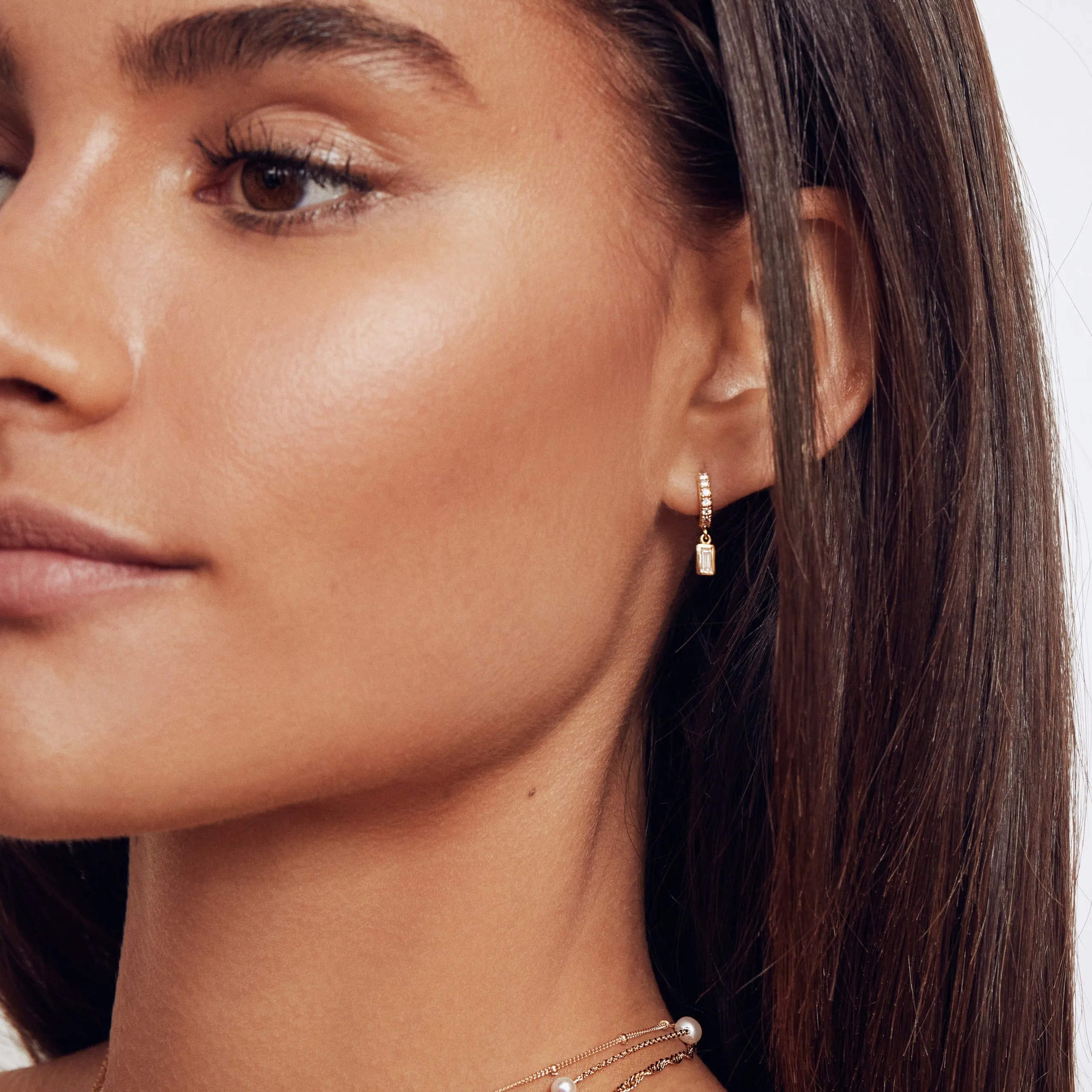 Gold Diamond Style Baguette Drop Huggie Hoop Earrings sold by Lily & Roo product image thumbnail 2