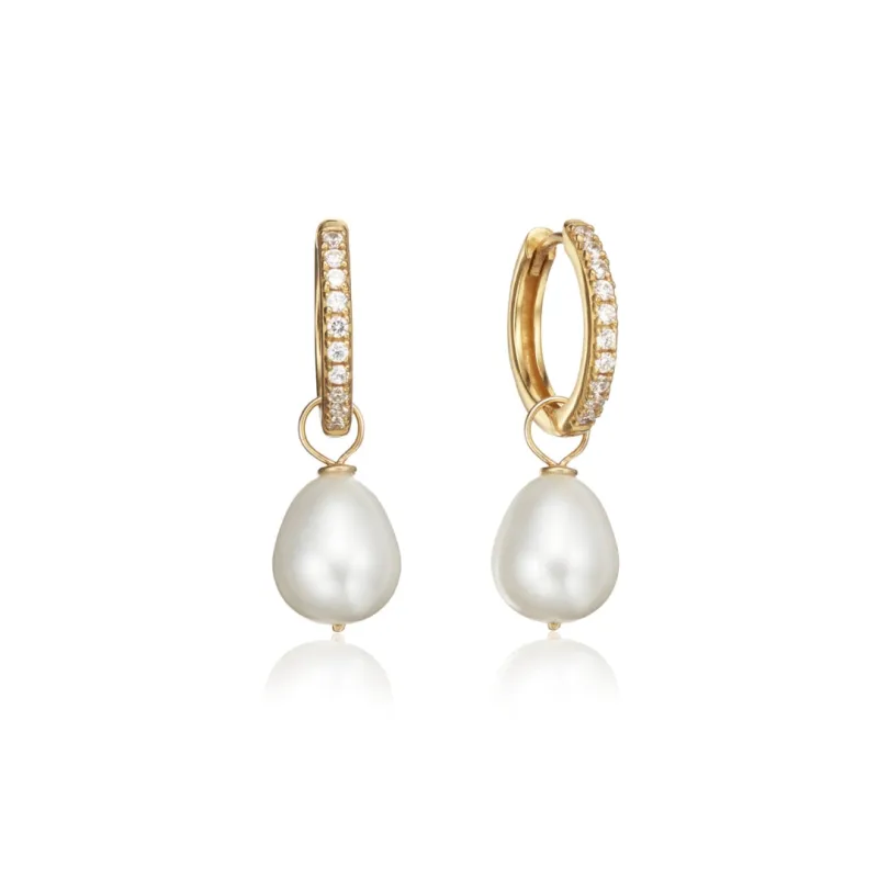 Gold Diamond Style Large Pearl Drop Hoop Earrings sold by Lily & Roo
