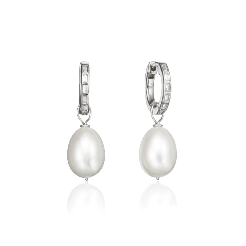 Silver Diamond Style Baguette Pearl Drop Hoop Earrings sold by Lily & Roo