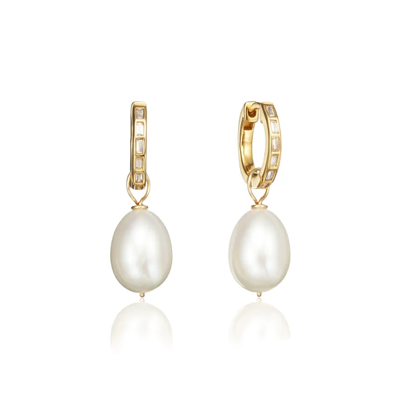 Gold Diamond Style Baguette Pearl Drop Hoop Earrings sold by Lily & Roo