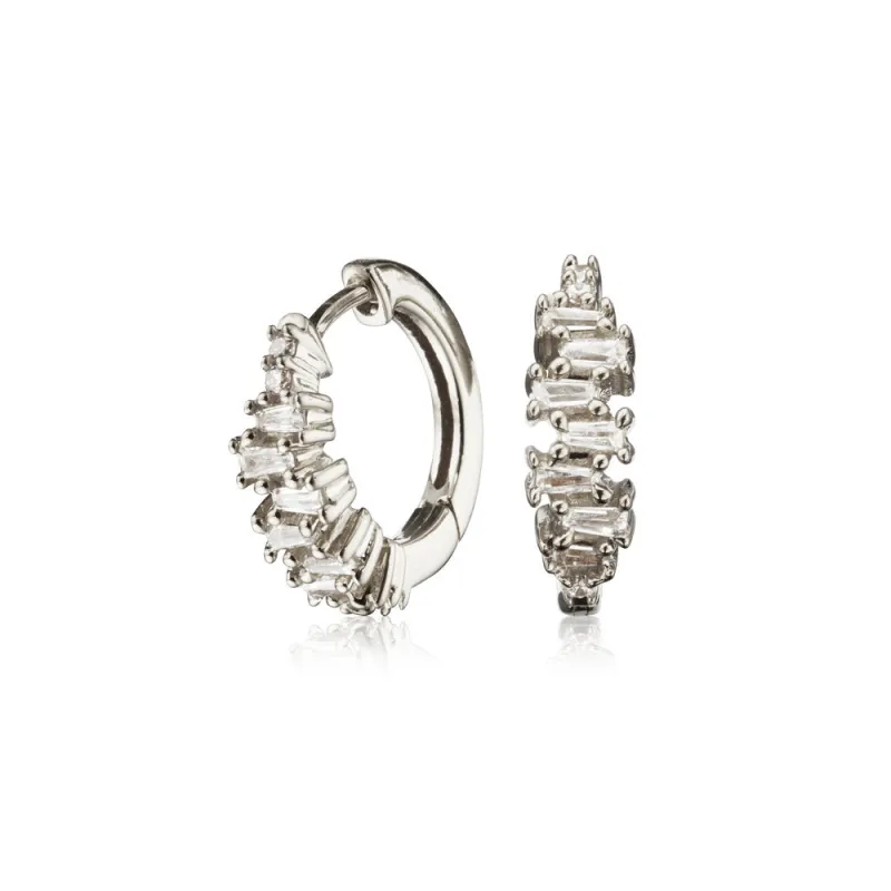 Silver Diamond Style Stacked Baguette Huggie Hoop Earrings sold by Lily & Roo
