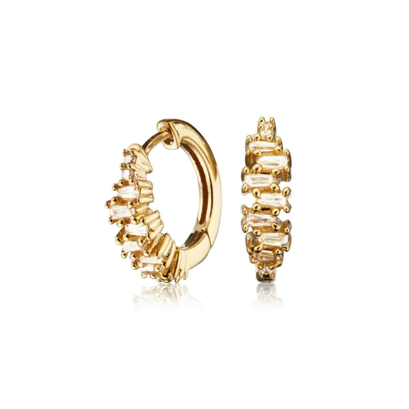 Gold Diamond Style Stacked Baguette Huggie Hoop Earrings sold by Lily & Roo