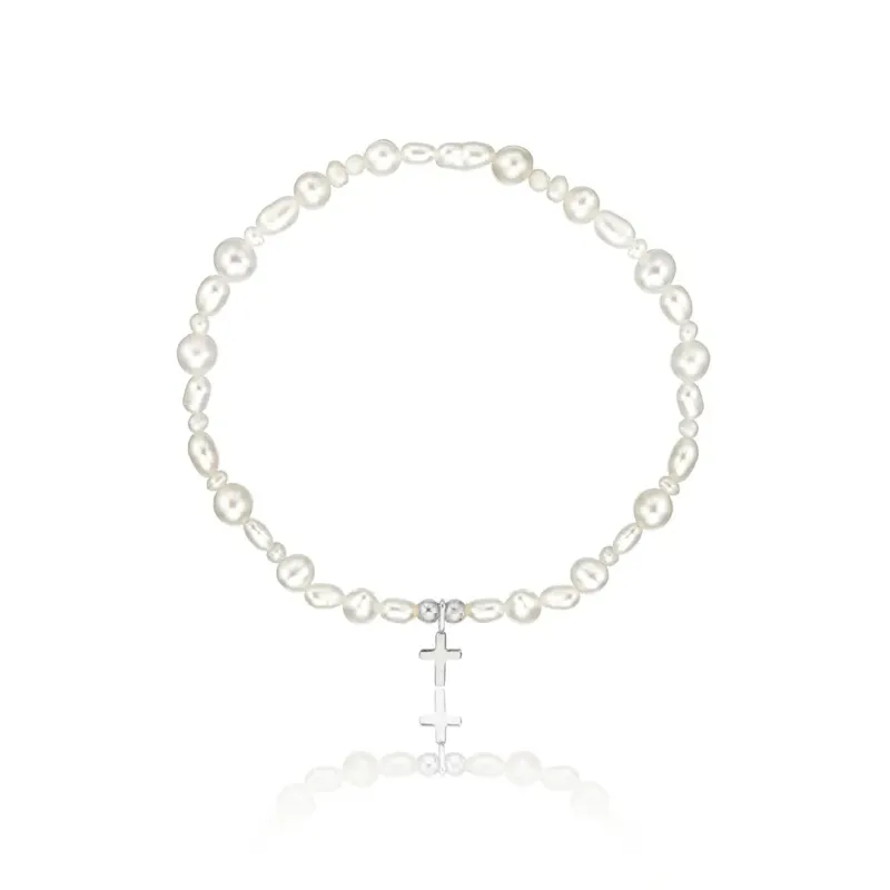 Silver Pearl Tiny Cross Bracelet made by Lily & Roo