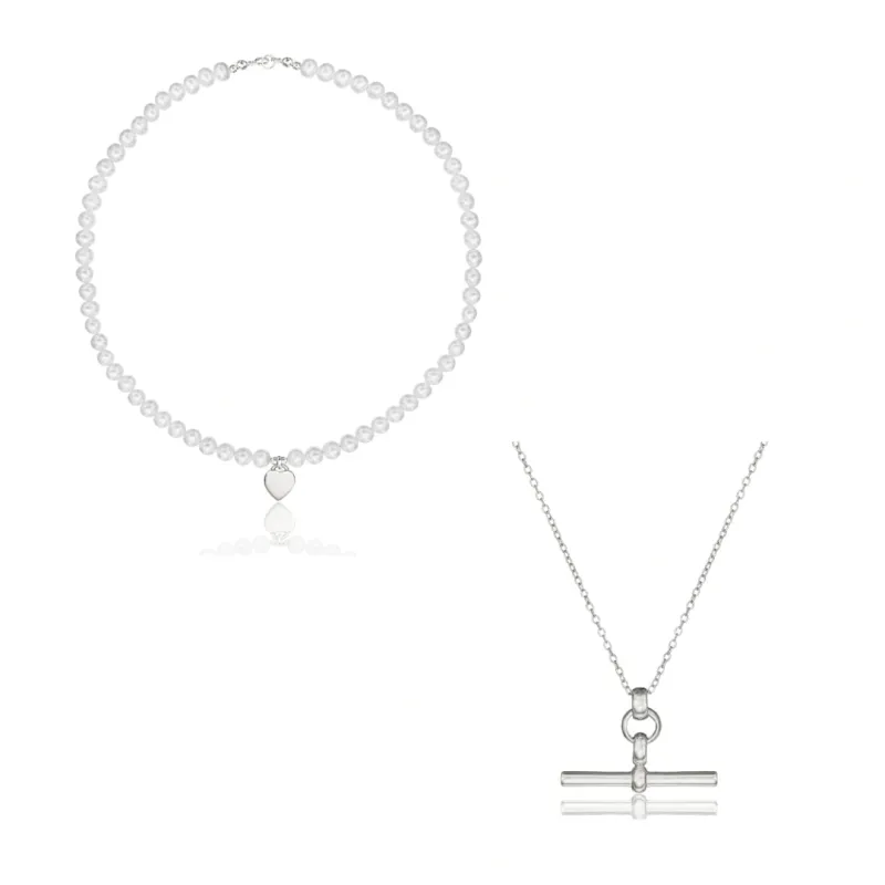 Silver T-Bar and Large Pearl Personalised Heart Necklace Gift Set made by Lily & Roo