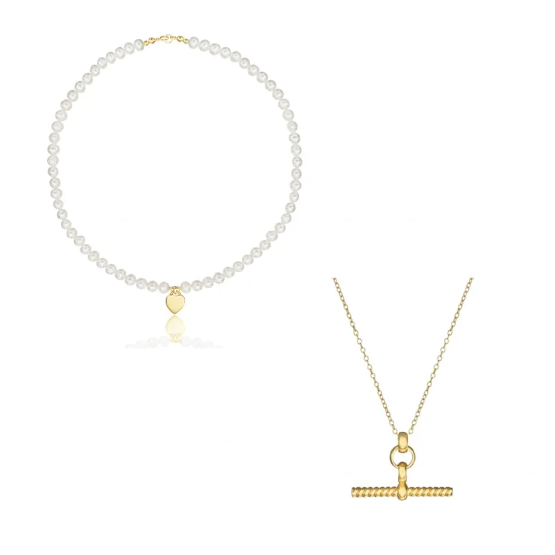 Gold Twisted T-Bar and Large Pearl Personalised Heart Necklace Gift Set made by Lily & Roo