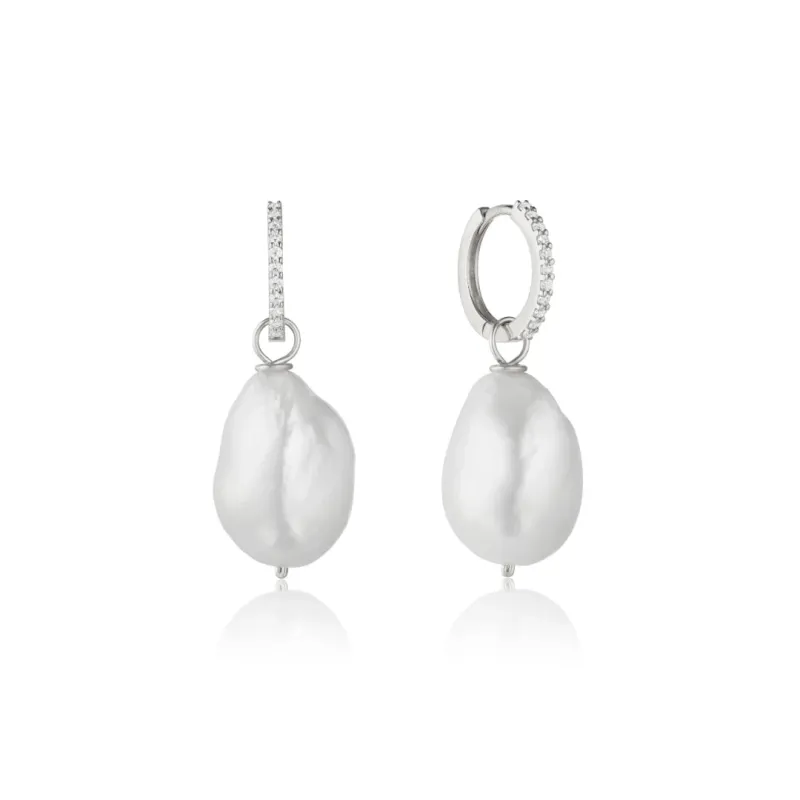 Silver Diamond Style Slim Baroque Pearl Drop Huggie Hoop Earrings made by Lily & Roo