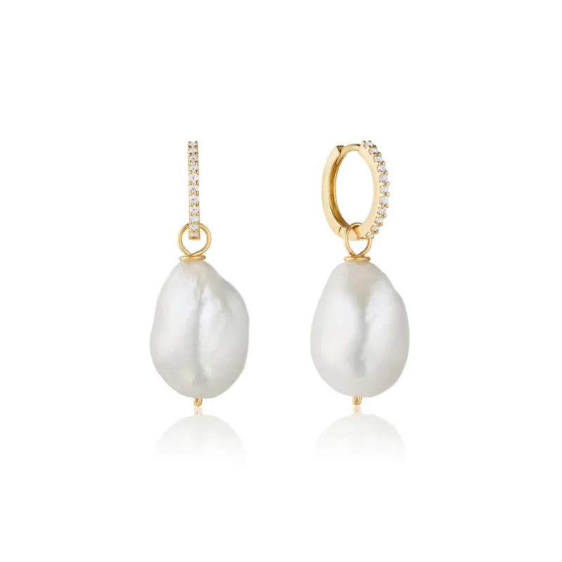 Gold Diamond Style Slim Baroque Pearl Drop Huggie Hoop Earrings made by Lily & Roo