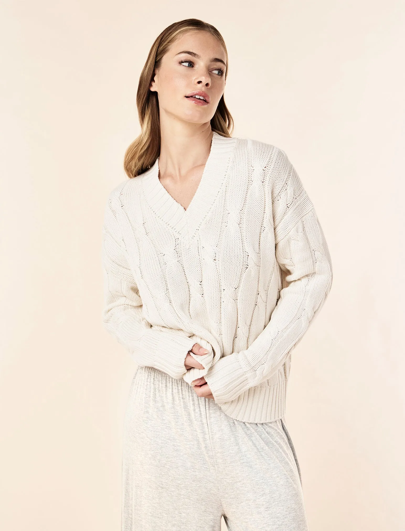Cotton Cashmere Cable V-Neck Jumper sold by Papinelle