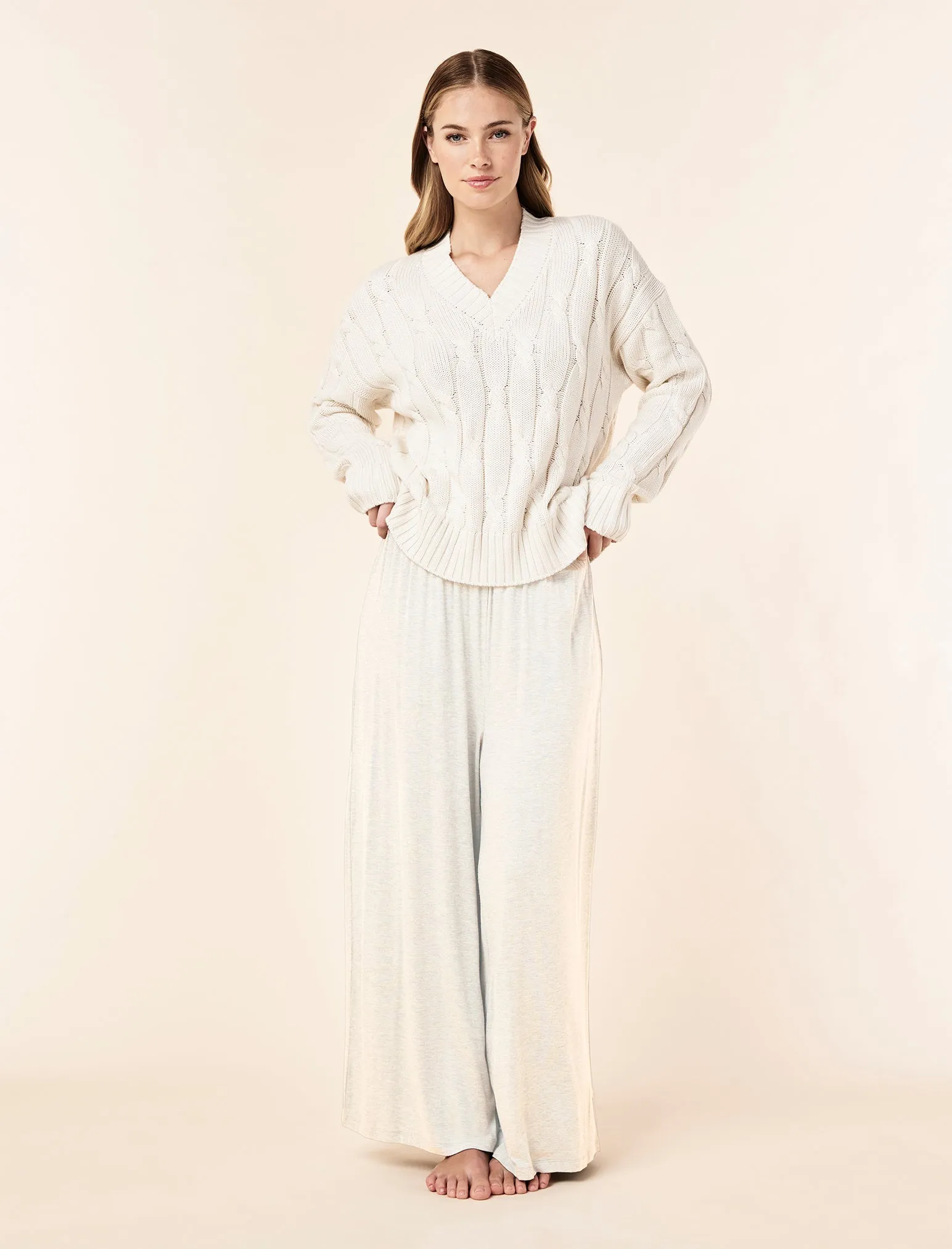 Cotton Cashmere Cable V-Neck Jumper sold by Papinelle product image thumbnail 3