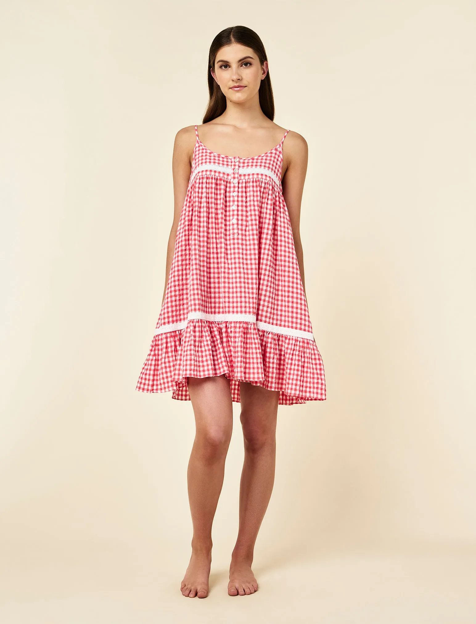 Seersucker Gingham Lace Trim Strappy Nightie sold by Papinelle
