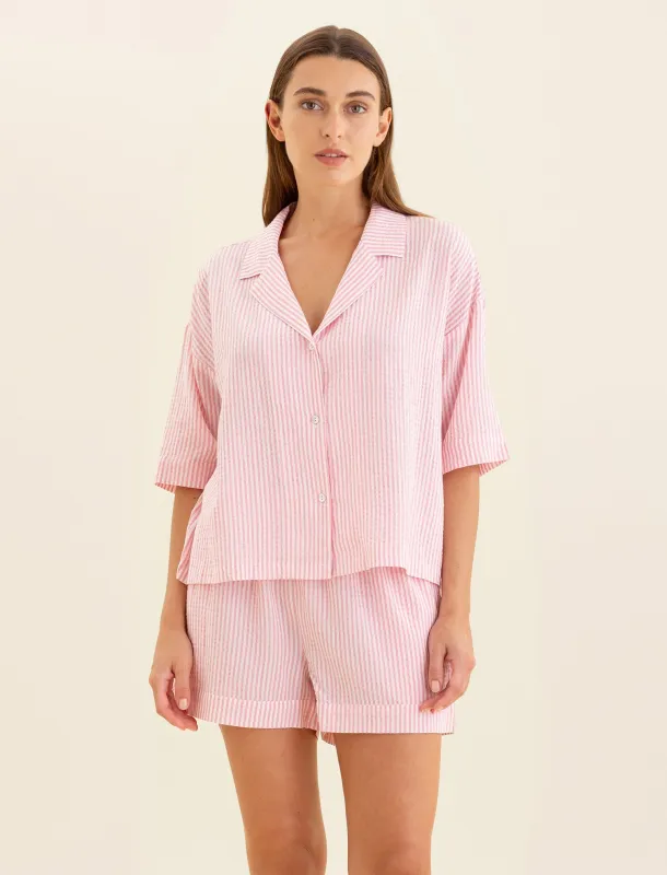 Sabine Seersucker Stripe Boxer PJ Set & Bow Scrunchie made by Papinelle