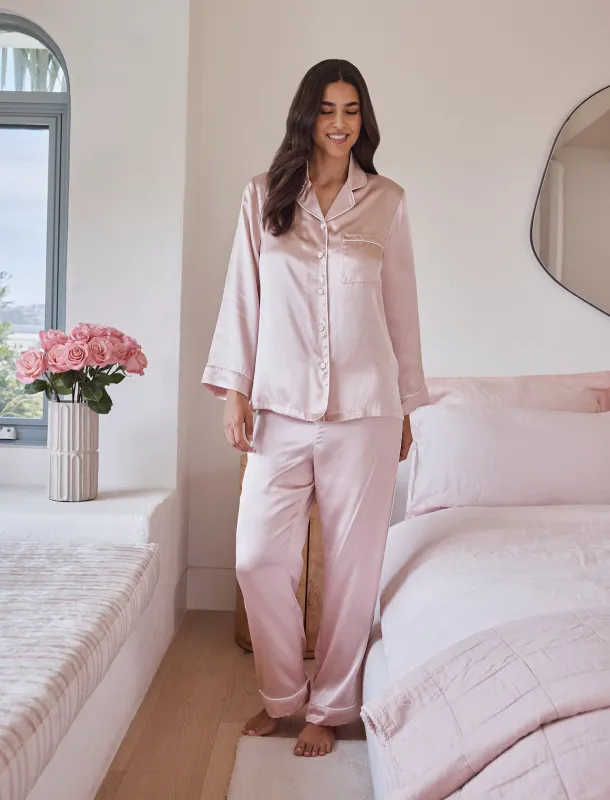 Sylvie Silk Piped Full Length PJ Set made by Papinelle